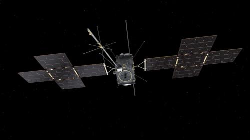 An artists impression of the Juice spacecraft with it's solar panels stretching out