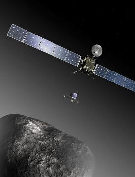 Artist's impression of Rosetta and Philae orbiting comet 67P