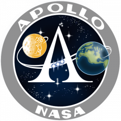 The Apollo mission badge. It shows a large capital A between drawings of the Moon and the Earth. The constellation of Orion is in front of the A