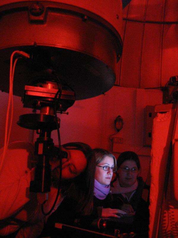 Astronomers using a telescope