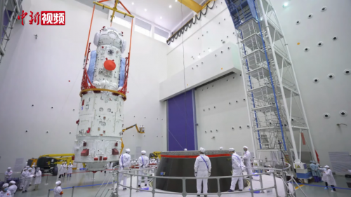 The core module of the Tiangong space station in a clean laboratory at the Spacecraft Lunch Site