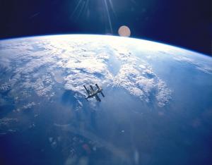 Photograph of Mir in orbit around the Earth