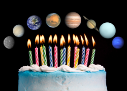 A birthday cake with lit candles. Above it are the eight planets of our Solar System