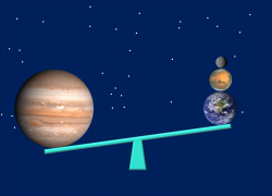 Cartoon of planets on a weighing balance in space. Jupiter is on the left side, weighing the balance is down. Earth, Mars, and Mercury are piled on top of each other on the other end of the balance.