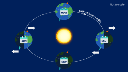 A diagram of the position of the Earth at different points in its orbit around the Sun that create the four seasons.