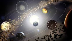A illustration of the planets orbiting the Sun. Each planet has a clock face on it.