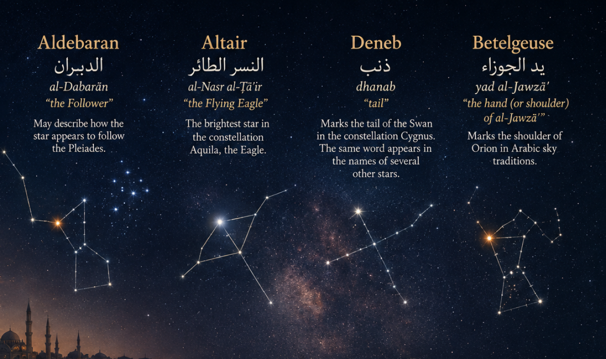 **Alt text:** Illustration showing an early Arabic astronomer studying the night sky, alongside the stars Aldebaran, Altair, Deneb and Betelgeuse, their Arabic names and meanings, and how these names later became part of modern astronomy.