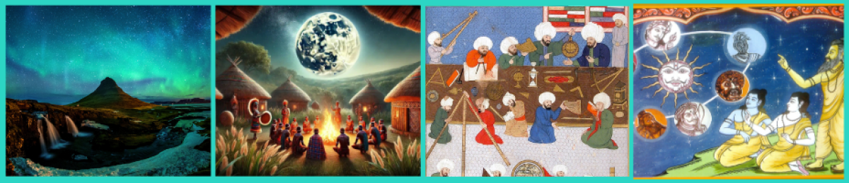 A collage of four images showing different cultural connections to astronomy