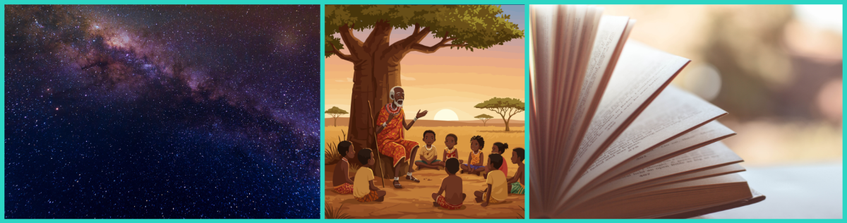 A set of 3 images, first showing a photo of the Milky Way galaxy in the night sky, then a picture of a man telling a story to a group of children sitting beneath a tree. Finally a photo of an open book with the pages unreadable.