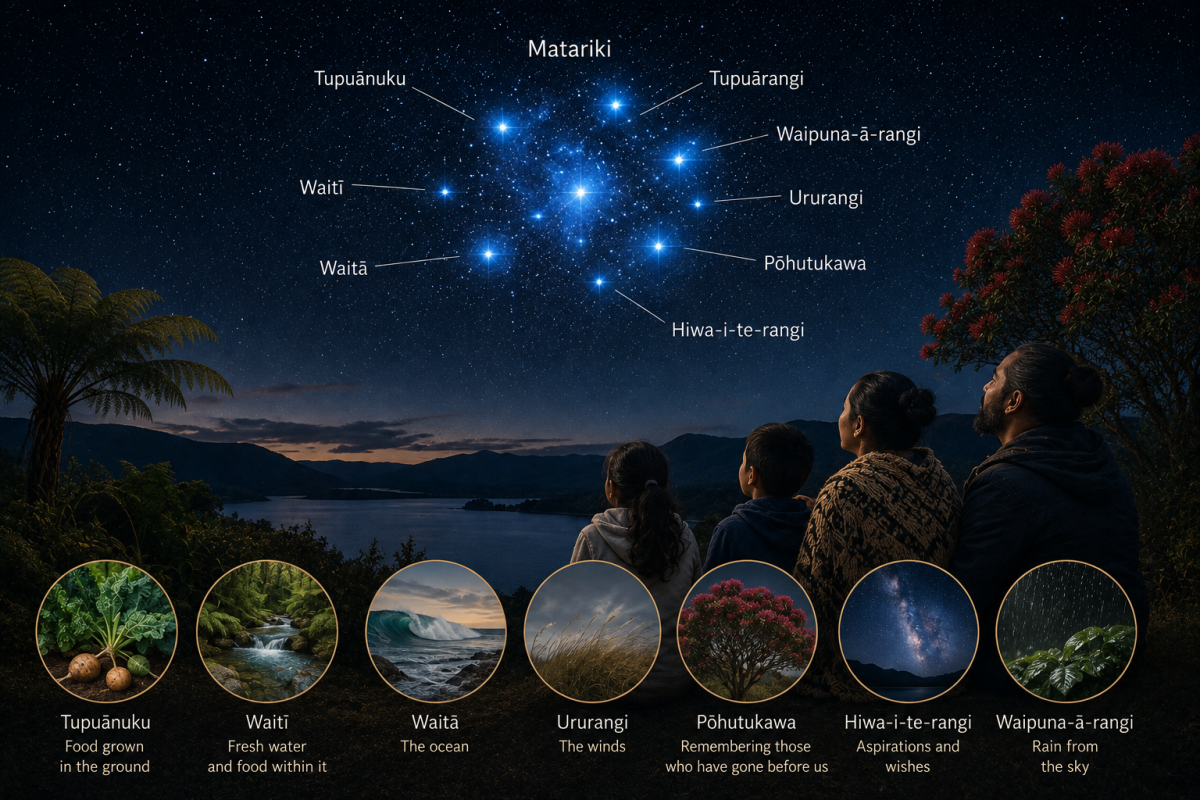 **Alt text:** Illustration of a Māori family looking at Matariki in the night sky, with the stars labelled and images showing their links to food, fresh water, the ocean, wind, rain, remembrance, and hopes for the future.