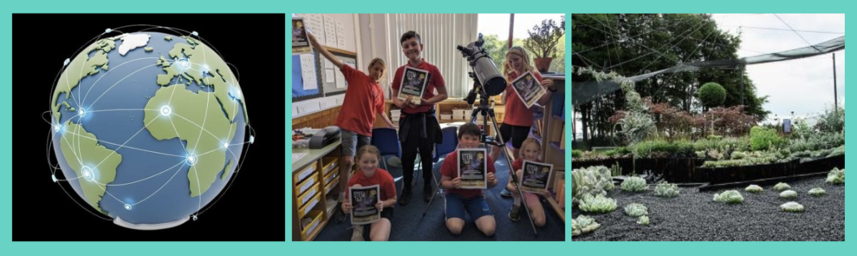 Three images showing global telescope connections, school children holding astronomy booklets beside a telescope, and a space-themed garden display with succulents and netted structures.