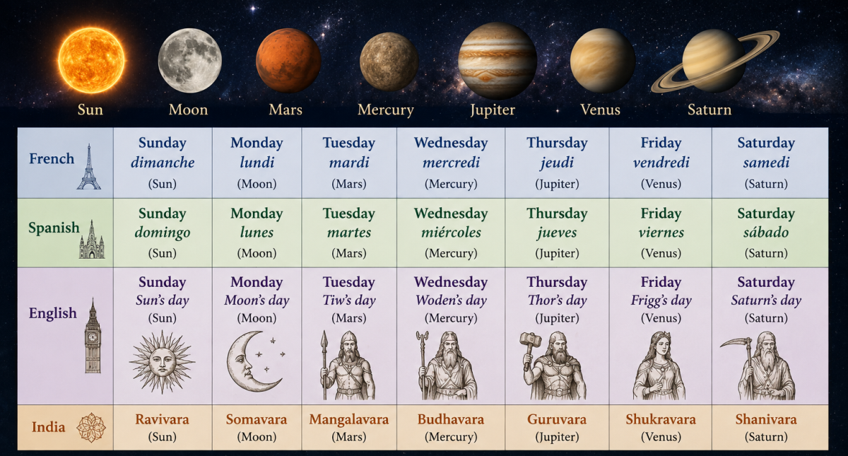 **Alt text:** Infographic showing the Sun, Moon, Mars, Mercury, Jupiter, Venus and Saturn, with examples of how these objects are linked to the names of the days of the week in French, Spanish, English and Indian traditions.
