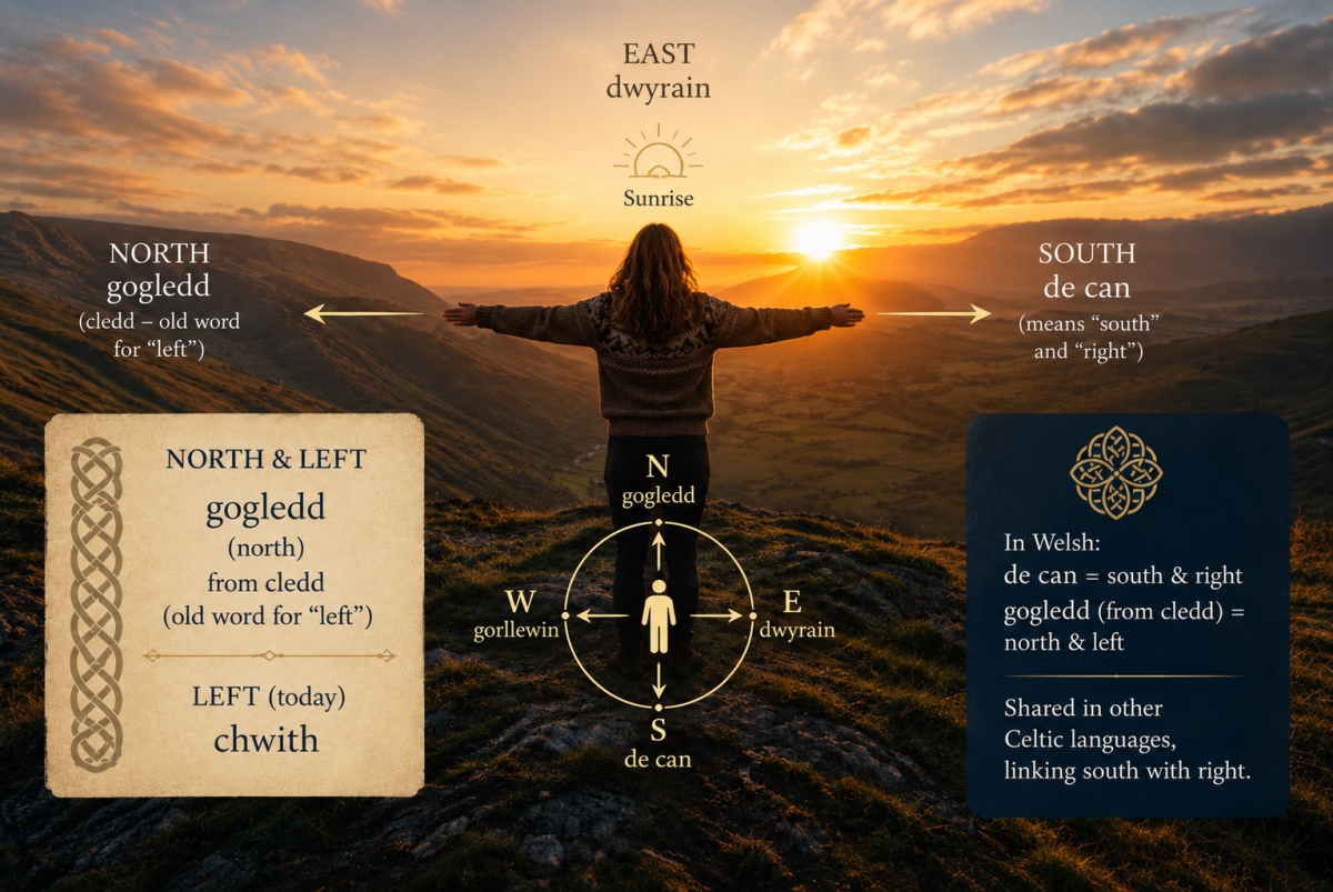 Illustration of a person facing the rising Sun in the east, with south on their right and north on their left, showing how the Sun can be used to understand direction.