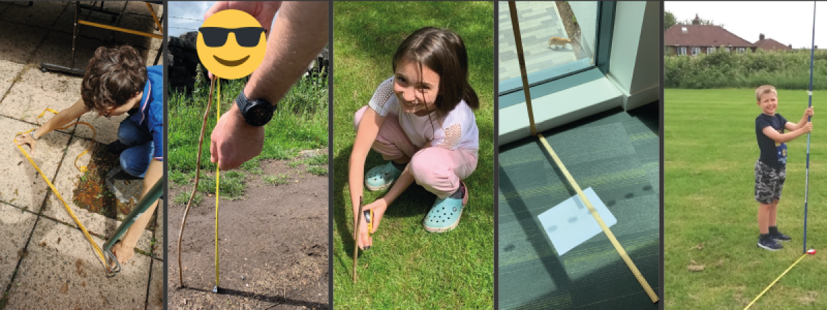 Five picture of young people using shadow sticks as part of the Solstick experment.