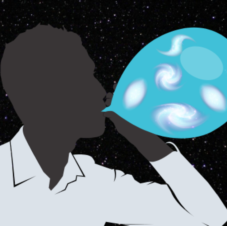 Cartoon of a person blowing up a balloon. The balloon is covered with galaxies.