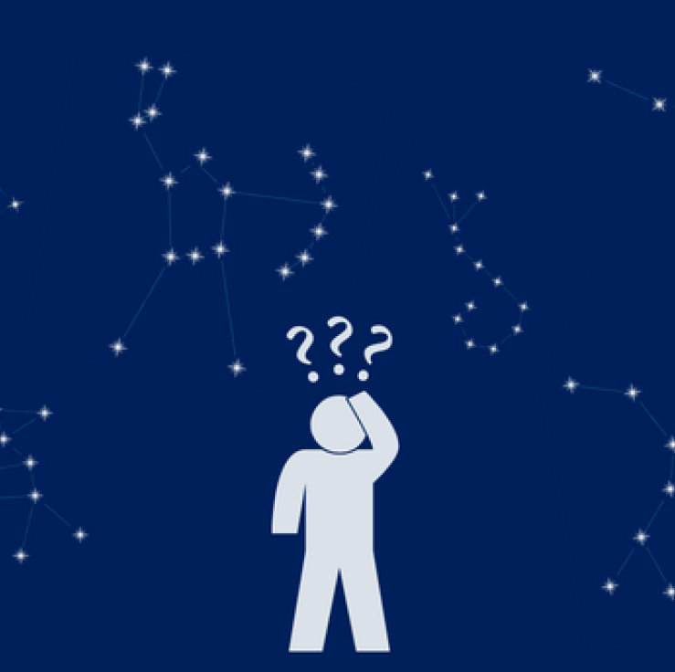 A cartoon person looking confused in front of a sky filled with constellations