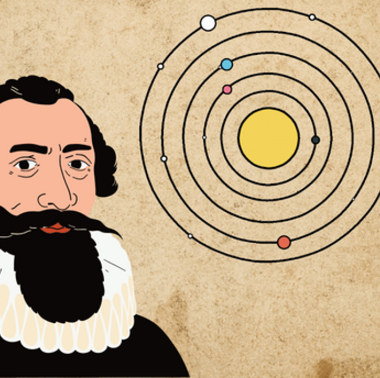 This is a cartoon image of Johannes Kepler with a parchment-like background. A diagram of a solar system is featured in the top right corner.