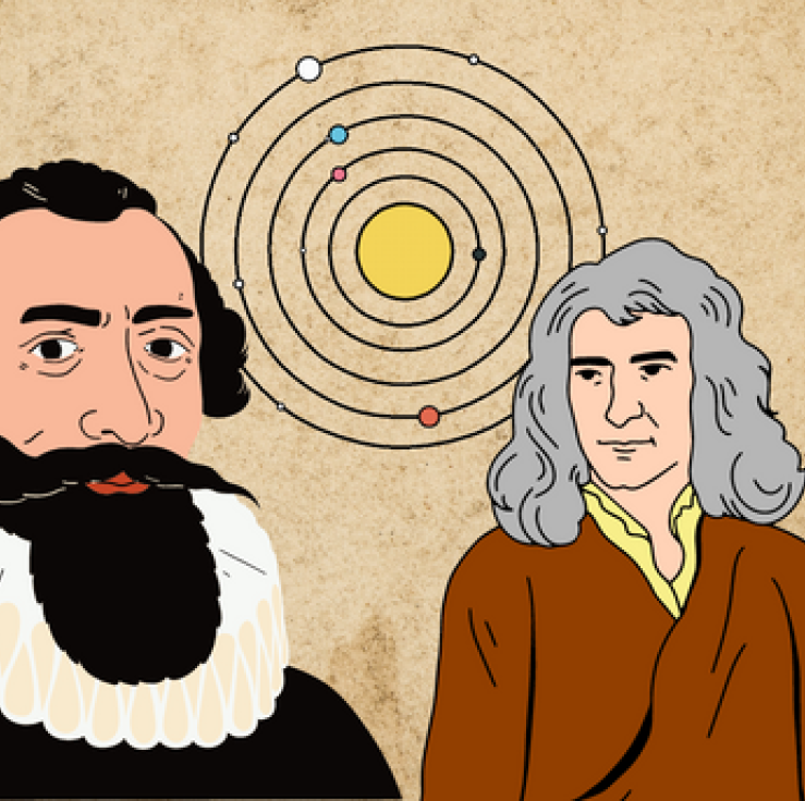 This is a cartoon image of Johannes Kepler and Isaac Newton with a parchment-like background. A diagram of a planet's orbit is featured in the middle behind the figures. To the right of the figures, is a cartoon of an apple falling.