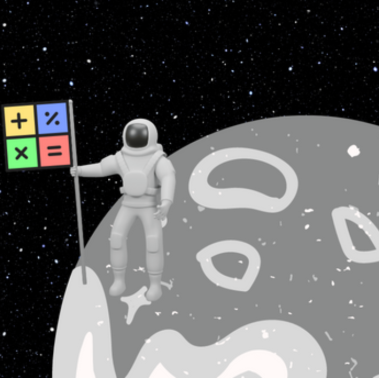 A cartoon of an astronaut standing on the Moon holding a flag. On the flag, there are the add, subtract, multiple and divide symbols