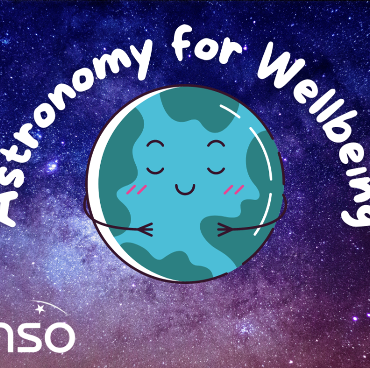 A cartoon planet Earth with a happy and relaxed expression against a backdrop of space. The words astronomy for wellbeing are curved around the Earth.