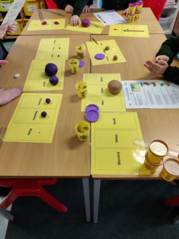 A classroom table with various models of planets made from Play-Doh. Each planet is placed on a yellow card labeled with the planet's name