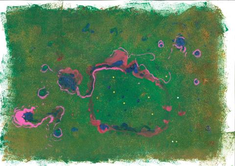 A green background with red and pink swirls inspired by a supernova remnant by Andy