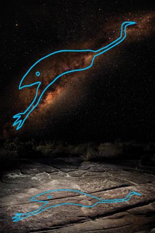 A photograph of the Milky Way in the night sky with the dark patches making the Emu constellation highlighted. Beneath it is a photo of a rock carving of the emu.