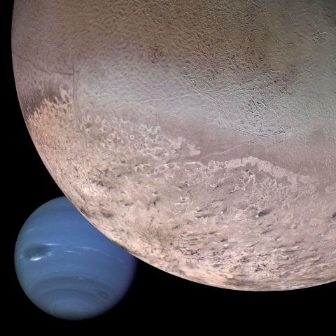 computer generated montage shows Neptune as it would appear from a spacecraft approaching Triton,