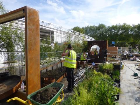 Garden designers wearing high-visibility vests work on constructing a show garden, with plants, tools, and metal structures being arranged under a clear blue sky.