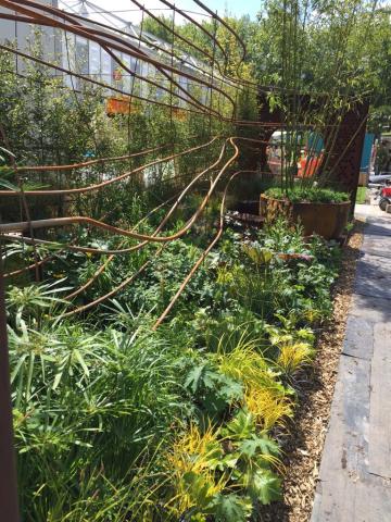 A lush garden display featuring dense green and yellow foliage, bamboo plants, and a sculptural metal framework curving overhead, showcased at an outdoor exhibition.