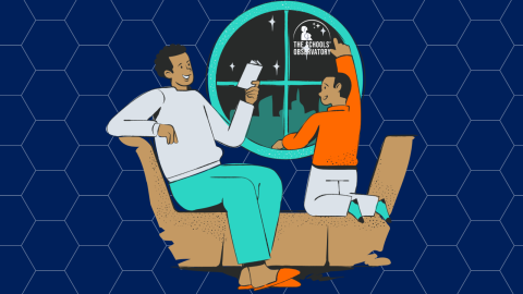 Parent and child pointing to stars with the schools' observatory logo