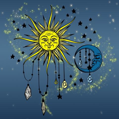 An artwork of the sun and moon with faces drawn upon them. They sit on a blue background with a trail of yellow stars. From each hangs necklaces of rocks or glass.