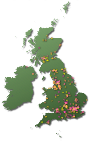 A map of the UK showing about 100 small dots that mark the positons of Solstick measurements. The cover the whole country.