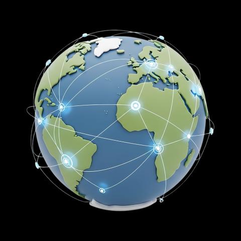 A diagram of the Earth with places connected by light trails, set on a black background