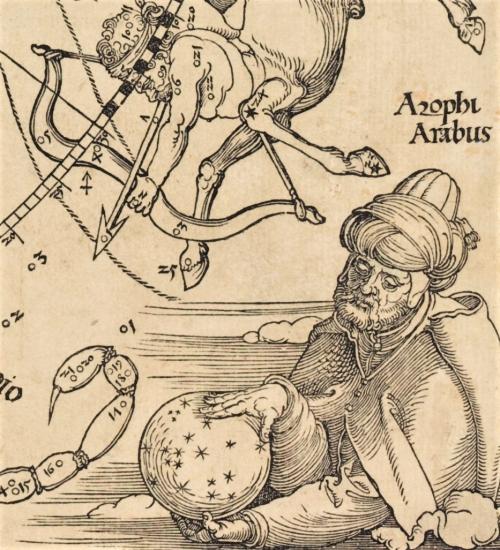 A drawing illustration of a robed man wearing a headdress. He has a sphere in his hands that has small dots dotted on its surface. Above him is the text 'Azophl Arabus'. To the top left of the image, there is part of an illustration of a centaur holding a bow with a drawn arrow. Numbers are written around and inside of the illustration.