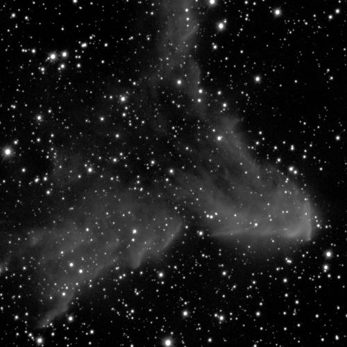 A grey, cloud-like nebula against a black background with lots of small white dots of stars. The nebula is v-shaped, starting towards the lower right side and extending extending diagonally towards the lower left and upper middle right.