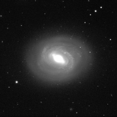 A spiral galaxy, viewed from above, against a black background with a few dots of white stars. The galaxy resembles a circle, the centre shining a bright white. Grey, dusty arms sweep around it. These become thinner and more diffuse further outwards from the centre.