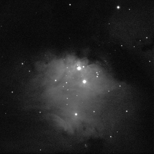 A circular shaped nebula against a black background with some white dots of stars scattered around and inside the nebula as well. A few shine brightly inside the nebula. The nebula is in various shades of grey.