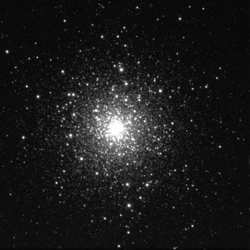 Lots of stars against a black background. Each star is a white dot of varying sizes. Though some are scattered around the edges of the image, most are concentrated in the centre which glows brightly as a result.