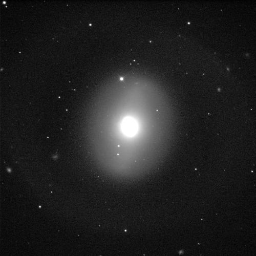 A black background with white dots of stars in various sizes. In the centre is an oval-shaped galaxy. It has a white circle shining brightly in the centre and is surrounding by cloudy dust in shades of grey.