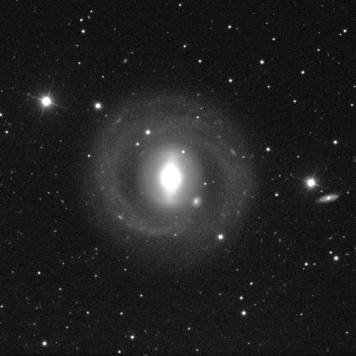 A galaxy, angled face-on, against a black background with white dots of stars. The galaxy has a small, oval-shaped, bright white centre which lies in the middle of a very faint, fuzzy-like spherical cloud of dust. There is also a circular halo of this faint dust surrounding the galaxy's centre.