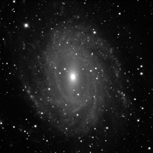 A spiral galaxy angled face-on against a black background with white dots of stars. The galaxy has a small, circular, bright, white centre and dusty grey spiral arms sweeping around it.
