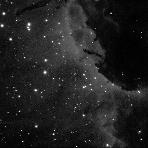 A cloudy nebula with some small white dots of stars. The nebula is mostly covering the left-hand side, and in the upper part, is almost black in colour. The rest of it is in different shades of grey.