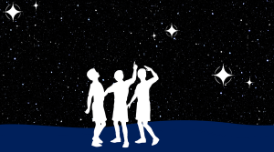 The silhouette of 3 children looking up at a starry sky