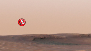 A cartoon red ball with a smiling face high in the air. The background shows the red, sandy landscape of the planet Mars. A text box in the top-left of the picture tells us that the ball has bounced to a height of 2.83 metres. 
