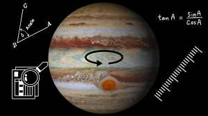 The image shows the planet Jupiter. There are graphics surrounding Jupiter that show maths angles, equations, data and a measuring ruler.
