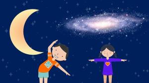 A boy bending to make the shape of the crescent Moon to his right and a girl with her arms outstretched mirroring the shape of the galaxy above her against a dark blue background with faint stars.