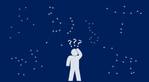 A cartoon person looking confused in front of a sky filled with constellations