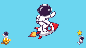 A cartoon astronaut riding on the back of a space rocket.
