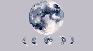 A cartoon Moon above a row of smaller Moons that show the different phases of the Moon